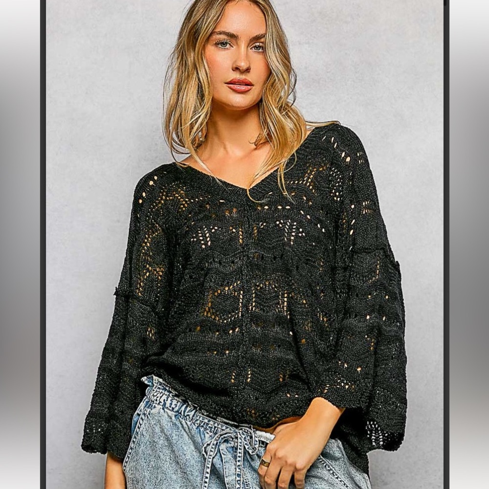 POL Black Open-Knit V-Neck Sweater